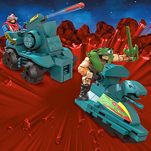 Mega Construx Másters del Universo Ram Batalla Figuras articuladas con coche de juguete de bloques de construcción para niños (Mattel GWY75)