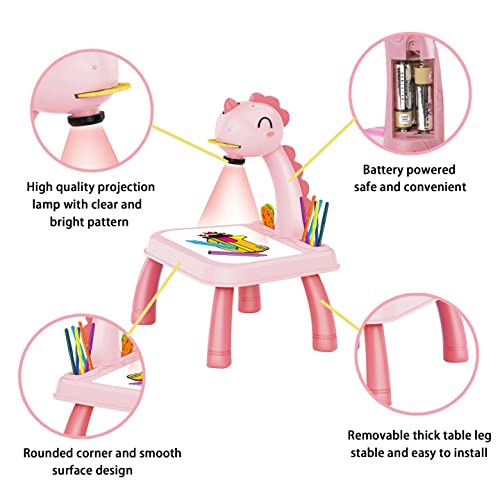 Mesa de proyector de dibujo para ni?os, Traza y dibuja un proyector de juguete con luz y música, Set de pintura de proyección para ni?o ni?a de 3 a 8 a?os (Dinosaurio Rosa)