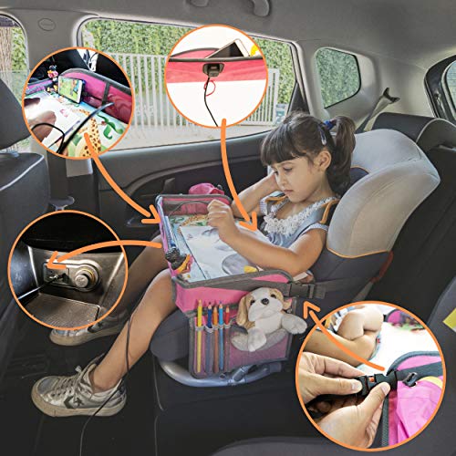 MesitaDeJuego1+ Mesa de juego de viaje en coche para niños con puerta USB 2.0 para Tablet, Smartphone. Bandeja para Dibujar, Entretener a los niños en Avión, Tren, Cochecito, Silla de coche, Parque