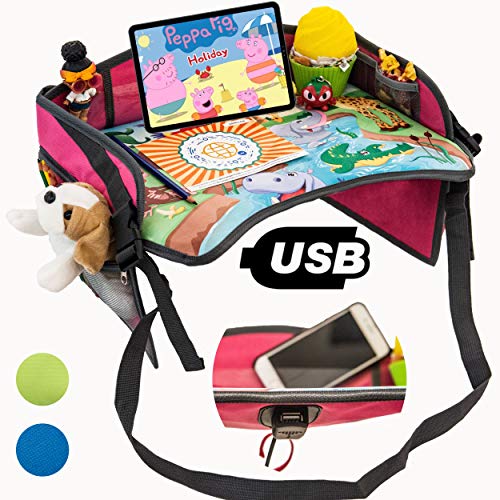 MesitaDeJuego1+ Mesa de juego de viaje en coche para niños con puerta USB 2.0 para Tablet, Smartphone. Bandeja para Dibujar, Entretener a los niños en Avión, Tren, Cochecito, Silla de coche, Parque