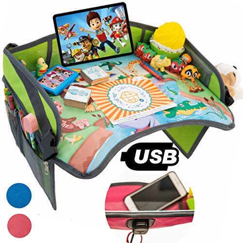 MesitaDeJuego1+ Mesa de juego de viaje en coche para niños con puerta USB 2.0 para Tablet, Smartphone. Bandeja para Dibujar, Entretener a los niños en Avión, Tren, Cochecito, Silla de coche, Parque