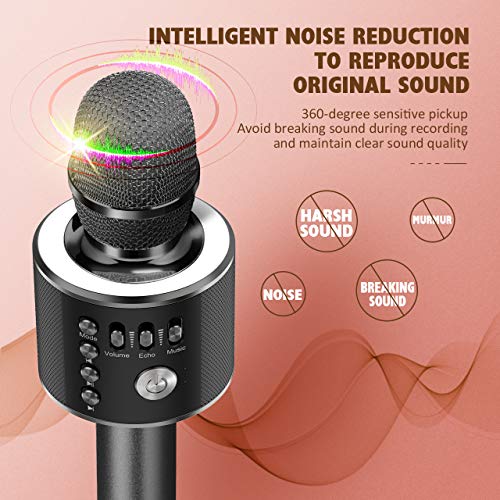 Microfono Karaoke Bluetooth, 4 en 1 Microfono Inalambrico Compatible con Android/iOS, Teléfonos Inteligentes, PC, Portátil Microfono con 5 Modos De Sonido y Batería de 2400mAh, para Niños, Fiesta