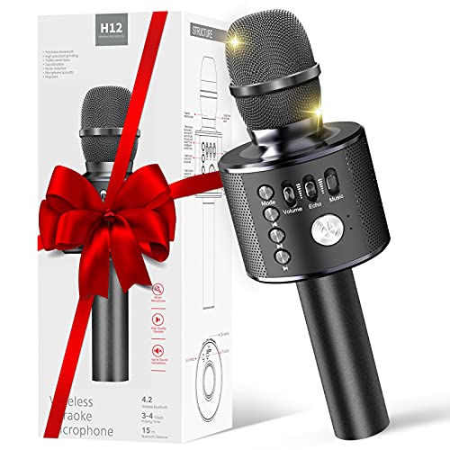 Microfono Karaoke Bluetooth, 4 en 1 Microfono Inalambrico Compatible con Android/iOS, Teléfonos Inteligentes, PC, Portátil Microfono con 5 Modos De Sonido y Batería de 2400mAh, para Niños, Fiesta