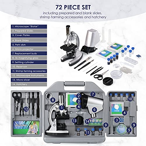 Microscopio para Niños Microscopios para Niños/Principiantes con 70 + Accesorios 3 Objetivos 300X-600X-1200X, Estuche de Almacenamiento(Iluminación LED y Cuchillas, Maleta y Preparación Incluidos)