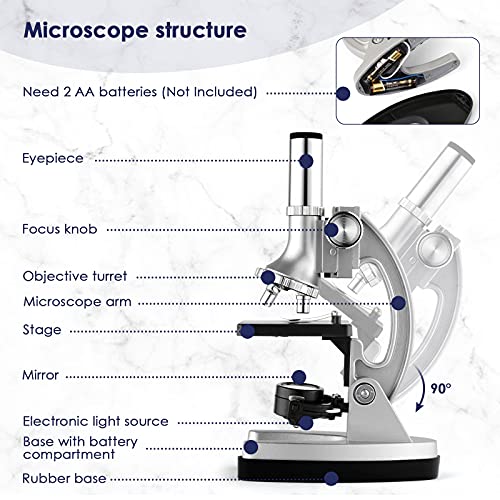 Microscopio para Niños Microscopios para Niños/Principiantes con 70 + Accesorios 3 Objetivos 300X-600X-1200X, Estuche de Almacenamiento(Iluminación LED y Cuchillas, Maleta y Preparación Incluidos)