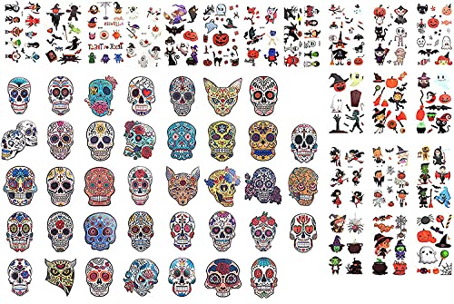 MILACOLATO Pegatina Tatuajes Temporales de Halloween Brillo Rosas Rojas Día de los Muertos Sugar Skull Face Tattoo Sticker