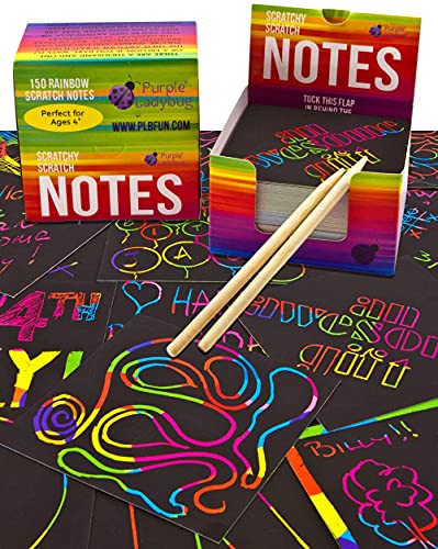 Mini Bloc de Notas Mágico con Hojas de Rascar de Purple Ladybug - 150 Cartulinas Negras Rascables para Dibujar con Niños, Manualidades, Escribir Listas - Incluye 2 Lápices, Fondo Arcoiris