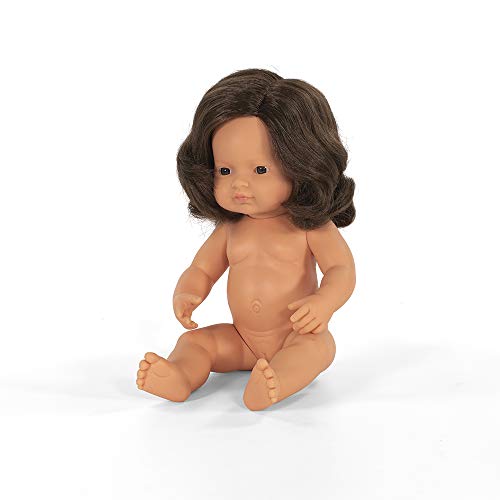 Miniland –Muñeca bebé Europea Niña Moreno. Vinilo Suave de 38cm. Rasgos étnicos y sexuado para el Aprendizaje de la Diversidad. Ligero y Agradable Perfume. Colección de Diferentes etnias y sexos.