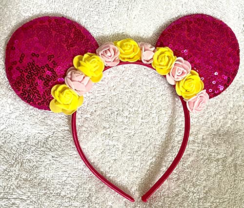 Minnie Mouse Rosa secuencia brillante floral diadema Halloween para niños y adultos