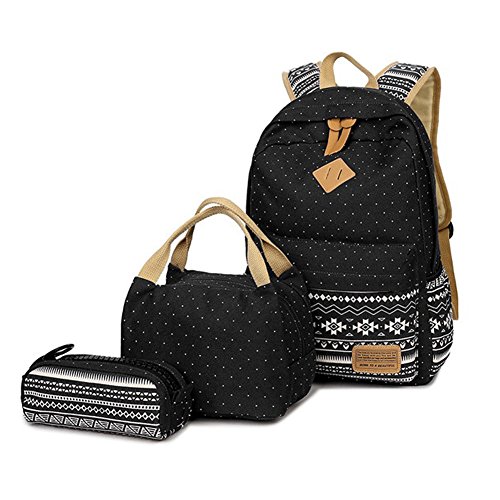 Mochila Escolar para Chica Niña Niño Adolescentes Colegio Mujer Hombre Casual Bolso Mochila de Viaje + Bolsa del Almuerzo + Estuche de Lápices (Negro)