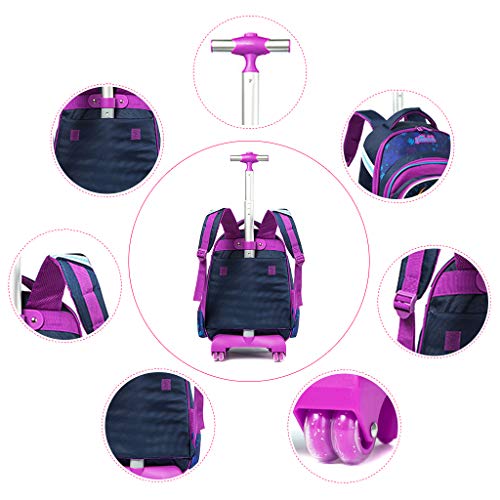 Mochila Escolar Trolley Niña, Mochila Niños con 6 Ruedas Mochilas con Ruedas para niños para Niños Niñas -Trolley de Ruedas para niños con Bolsa de Slmuerzo Y Estuche