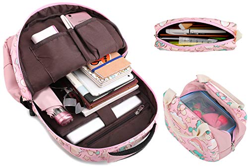 Mochila Escolar Unicornio Niña Infantil Adolescentes Sets de Mochila Backpack Casual Set con Bolsa del Almuerzo y Estuche de Lápices Rosa