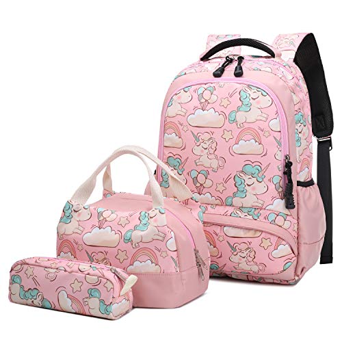 Mochila Escolar Unicornio Niña Infantil Adolescentes Sets de Mochila Backpack Casual Set con Bolsa del Almuerzo y Estuche de Lápices Rosa