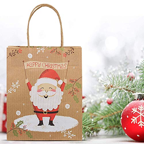 MonQi 12pcs Reciclable Bolsas de Regalo Navideñas de Papel Kraft con Asa, Reutilizable Bolsas Navideñas Bolsas De Papel De Navidad para Compras, Regalos, Bolsos de Fiesta (8 medianos + 4 pequeños)