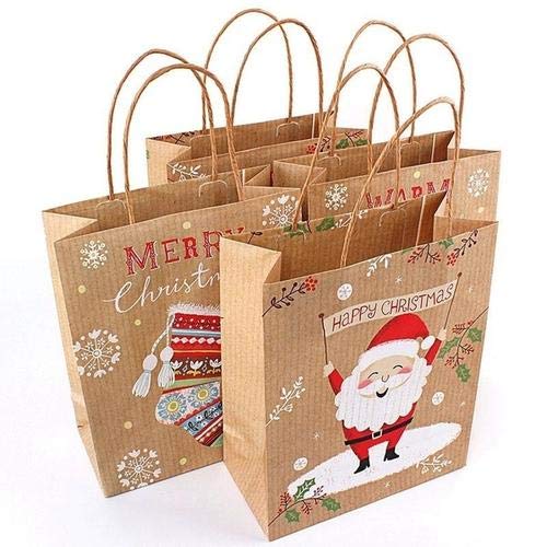 MonQi 12pcs Reciclable Bolsas de Regalo Navideñas de Papel Kraft con Asa, Reutilizable Bolsas Navideñas Bolsas De Papel De Navidad para Compras, Regalos, Bolsos de Fiesta (8 medianos + 4 pequeños)