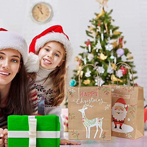 MonQi 12pcs Reciclable Bolsas de Regalo Navideñas de Papel Kraft con Asa, Reutilizable Bolsas Navideñas Bolsas De Papel De Navidad para Compras, Regalos, Bolsos de Fiesta (8 medianos + 4 pequeños)