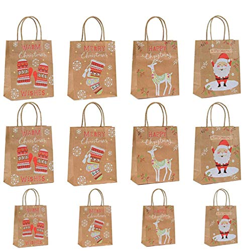 MonQi 12pcs Reciclable Bolsas de Regalo Navideñas de Papel Kraft con Asa, Reutilizable Bolsas Navideñas Bolsas De Papel De Navidad para Compras, Regalos, Bolsos de Fiesta (8 medianos + 4 pequeños)