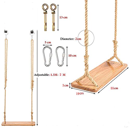 Morwealth - Columpio de madera para adultos, 55 x 19,5 x 3 cm, capacidad de carga: 160 kg, columpio infantil con cuerda de cáñamo ajustable para interior y exterior