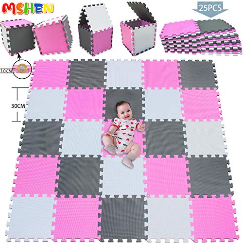 MSHEN 25 Piezas Alfombra Puzzle Bebe con Certificado CE y certificación EVA | Puzzle Suelo Bebe | Puede ser Lavado Goma eva,Tamaño 2.01cuadrado, blanco-rosa-gris-ACLg25