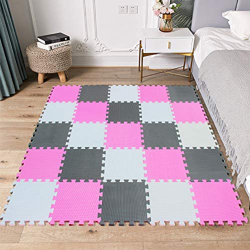 MSHEN 25 Piezas Alfombra Puzzle Bebe con Certificado CE y certificación EVA | Puzzle Suelo Bebe | Puede ser Lavado Goma eva,Tamaño 2.01cuadrado, blanco-rosa-gris-ACLg25