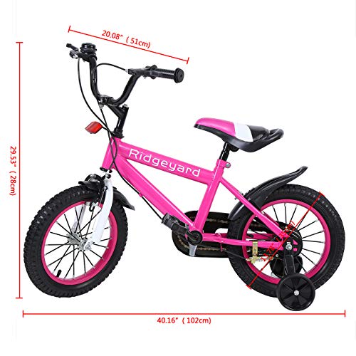 MuGuang Bicicleta de 14 pulgadas Bicicleta para niños Bicicleta de aprendizaje Bicicleta para niños y niñas con estabilizadores Bicicleta con campana para niños de 3 a 8 años (Rosa roja)