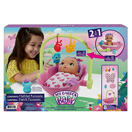 My Garden Baby Baño y cuna 2 en 1 para muñeco mariposa con accesorios, juguete para niñas y niños +18 meses (Mattel HBH46)