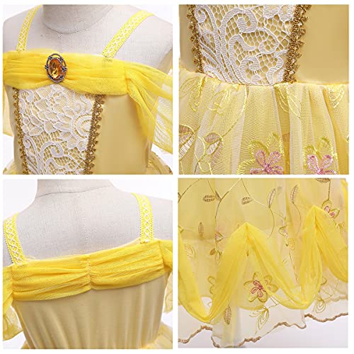 MYRISAM Disfraz de Carnaval Vestidos de Princesa Belle para Niñas Traje de Halloween Navidad Cumpleaños Fiesta Ceremonia Aniversario Cosplay Bella y Bestia Costume con Accesorios 10-11