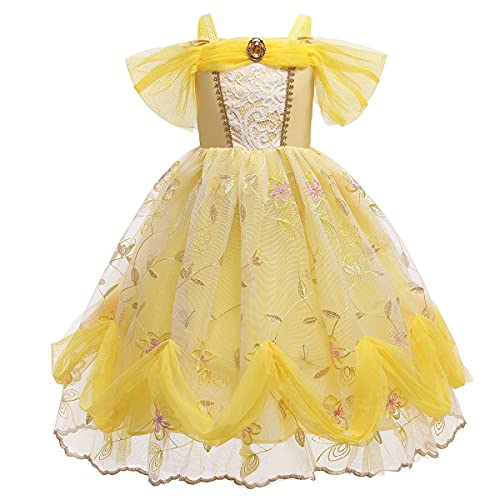 MYRISAM Disfraz de Carnaval Vestidos de Princesa Belle para Niñas Traje de Halloween Navidad Cumpleaños Fiesta Ceremonia Aniversario Cosplay Bella y Bestia Costume con Accesorios 10-11