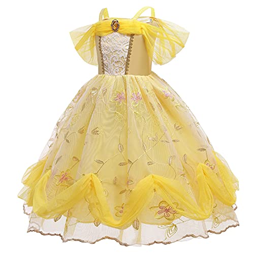 MYRISAM Disfraz de Carnaval Vestidos de Princesa Belle para Niñas Traje de Halloween Navidad Cumpleaños Fiesta Ceremonia Aniversario Cosplay Bella y Bestia Costume con Accesorios 10-11