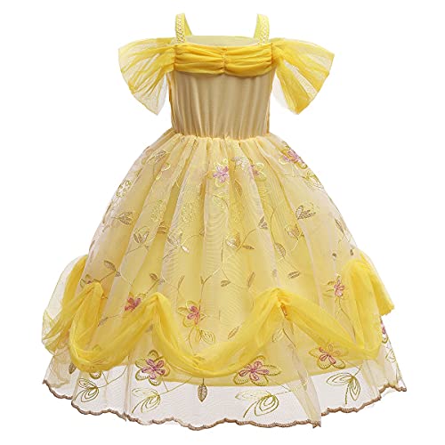 MYRISAM Disfraz de Carnaval Vestidos de Princesa Belle para Niñas Traje de Halloween Navidad Cumpleaños Fiesta Ceremonia Aniversario Cosplay Bella y Bestia Costume con Accesorios 10-11