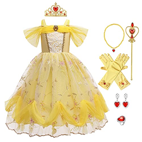 MYRISAM Disfraz de Carnaval Vestidos de Princesa Belle para Niñas Traje de Halloween Navidad Cumpleaños Fiesta Ceremonia Aniversario Cosplay Bella y Bestia Costume con Accesorios 10-11