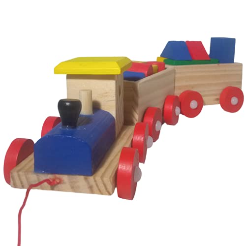 N Naturly Tren de Madera Juguetes para Niños/as | Ferrocarril con 2 Vagones Desmontables y 12 Bloques de Formas y Colores Diversas para Jugar. Juguete Educativo Infantil