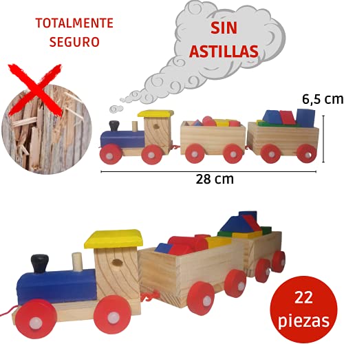 N Naturly Tren de Madera Juguetes para Niños/as | Ferrocarril con 2 Vagones Desmontables y 12 Bloques de Formas y Colores Diversas para Jugar. Juguete Educativo Infantil