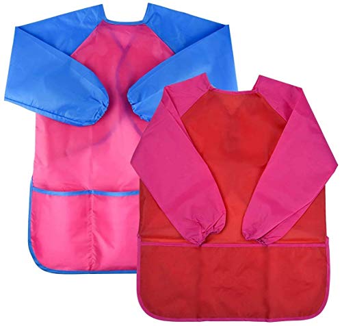 Natuce 2pcs Delantal Infantil Pintura Impermeable Delantales de Niño, Blusón Delantal Babero de Mangas Larga y 3 Bolsillos para Artes y Manualidades, Pintura, Cocina 3-7Años (Rosa + Rojo)