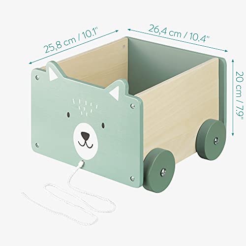 Navaris Caja de almacenamiento de juguetes - Baúl de madera para almacenaje en habitación de los niños - Cubo con ruedas y diseño de oso polar