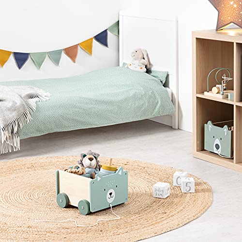 Navaris Caja de almacenamiento de juguetes - Baúl de madera para almacenaje en habitación de los niños - Cubo con ruedas y diseño de oso polar