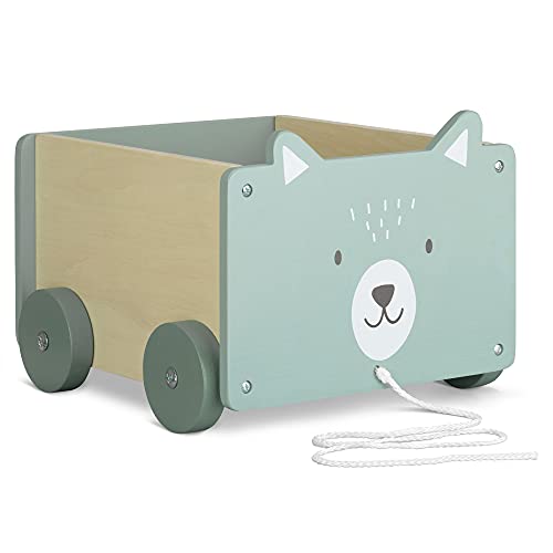 Navaris Caja de almacenamiento de juguetes - Baúl de madera para almacenaje en habitación de los niños - Cubo con ruedas y diseño de oso polar