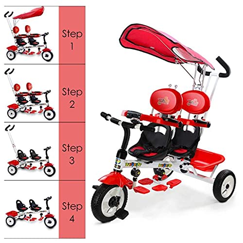 NBgycheche Triciclo Trike Niños 4 en 1 Triciclo para niños Triciclo para niños Asientos Doble para Gemelos, bebé Infantil 3 Ruedas Cochecito Bicicleta con Dosel y Cesta roja (Color : Red)