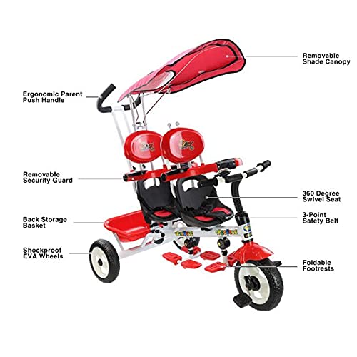 NBgycheche Triciclo Trike Niños 4 en 1 Triciclo para niños Triciclo para niños Asientos Doble para Gemelos, bebé Infantil 3 Ruedas Cochecito Bicicleta con Dosel y Cesta roja (Color : Red)