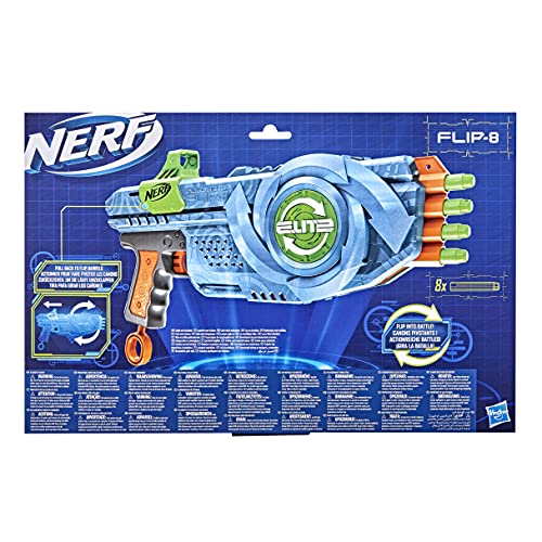 Nerf Lanzador Flipshots Flip-8 Elite 2.0, 8 cañones para Dardos Que Gira para duplicar tu Potencia de Lanzamiento, Capacidad para 8 Dardos, 8 Dardos