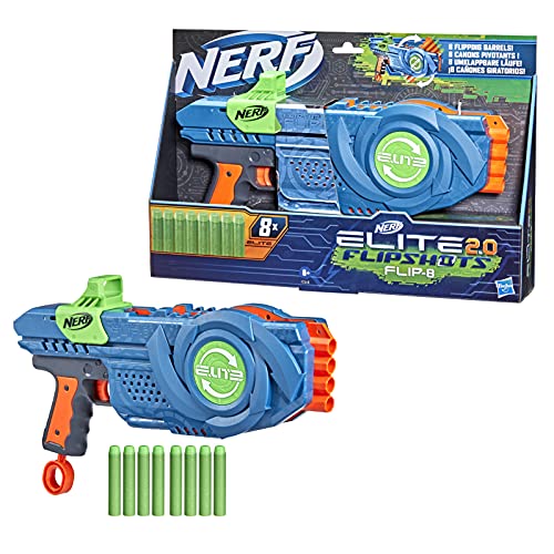 Nerf Lanzador Flipshots Flip-8 Elite 2.0, 8 cañones para Dardos Que Gira para duplicar tu Potencia de Lanzamiento, Capacidad para 8 Dardos, 8 Dardos