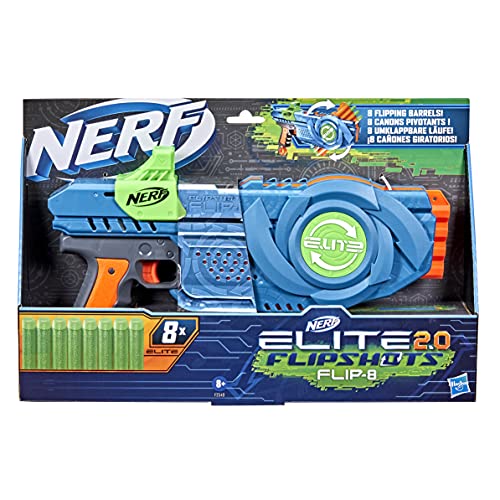 Nerf Lanzador Flipshots Flip-8 Elite 2.0, 8 cañones para Dardos Que Gira para duplicar tu Potencia de Lanzamiento, Capacidad para 8 Dardos, 8 Dardos