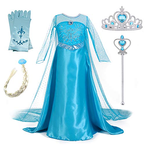 New front Niñas Traje congelado elegante reina festiva del nuevo vestido de la princesa Frente Elsa y Accesorios Corona Azul - 130 Cm