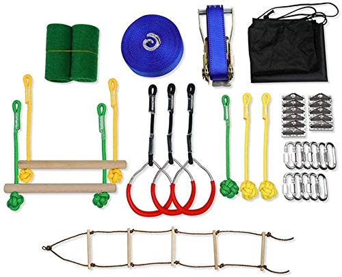 Ninja Warrior Line Obstacle Course Kit Slackline Ninja Line Monkey Bars Kit Árbol Colgando Obstáculos Line Sling Ring para niños Patio al Aire Libre-9 Piezas