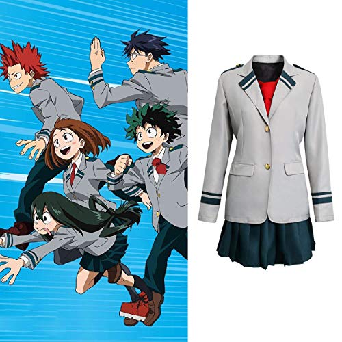 NUWIND My Hero Academia Uniforme Chica Estudiante Traje Boku Uniforme Escolar Japones Cosplay Costume Izuku Ochako Tsuyu Blazer Chaqueta Gris con Falda y Corbata roja (S)