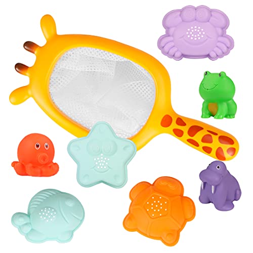 O-Kinee Juguetes Bañera Bebe, 8pcs Juguetes Piscina Bebes, Juguete de Baño, Juguetes Bañera, Juguetes Acuáticos con Red de Pesca, Juguetes de Baño de Animales Marinos (Jirafa)