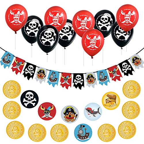 Oblique Unique® Set de decoración para fiestas de cumpleaños infantiles, guirnalda pirata, globos de calavera, confeti pirata