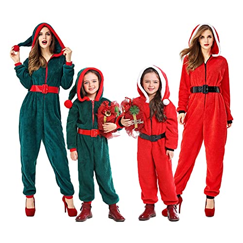 OnlybelongU Umorden Adulto niño Navidad Elfo Santa Claus Traje niña Mujeres con Capucha Onesie Pijamas mullsuit Fantasia Navidad Vestir (Color : Kids 2, Size : S)