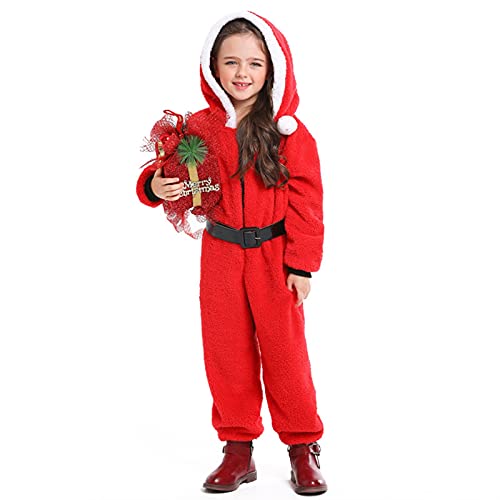 OnlybelongU Umorden Adulto niño Navidad Elfo Santa Claus Traje niña Mujeres con Capucha Onesie Pijamas mullsuit Fantasia Navidad Vestir (Color : Kids 2, Size : S)