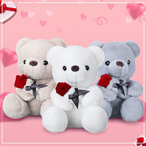 Oso de Peluche de San Valentín para Novia Lindo Oso de Peluche de Felpa Corta Oso de Peluche de Día de San Valentín Oso de Peluche Romántico Oso de Peluche con Rosa, 8,7 Pulgadas (Blanco) (Blanco)